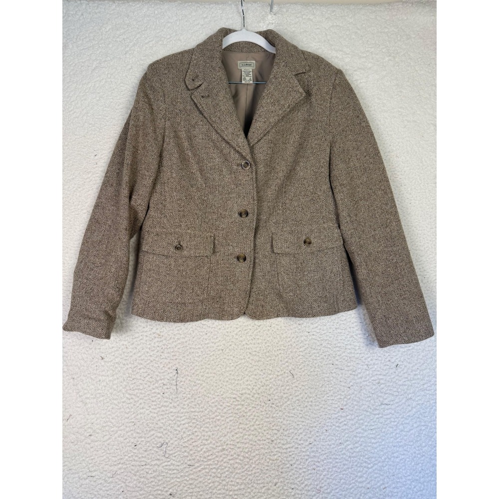 L.L. Bean Blazer Womens M Brown Tweed Wool Lined Notch Lapel Tailored Classic
